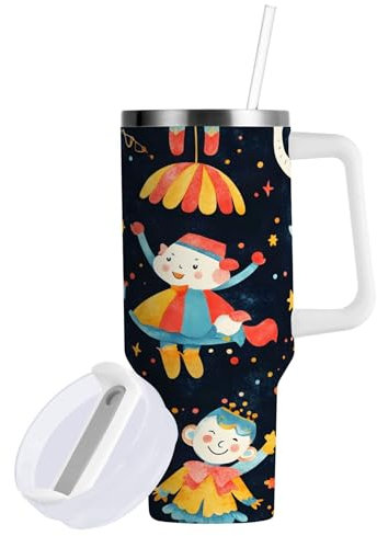 Sevdomey 40 ozWhimsical Circus Tumbler with Handle and Straw Lid for Water Iced Tea or Coffee, Stainless Steel Insulated Leak-Proof Travel Coffee Mug Cup Gifts
