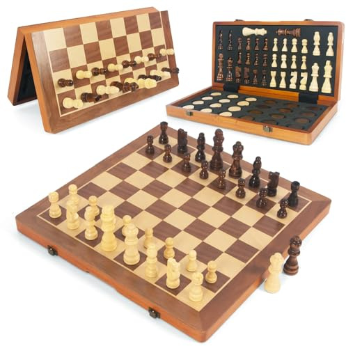 WOODENFUN Klappbares Magnet-Schach aus Nuss- & Kiefernholz 40x40cm für alle ab6J(Braun 2 in 1)