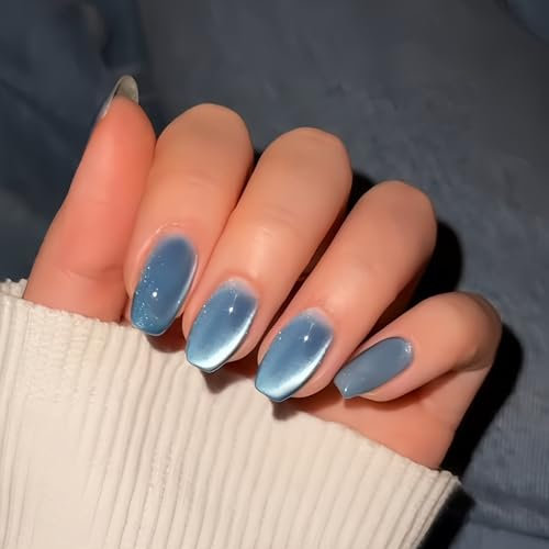 Blue Cat Eye Press on Nails Short Square, SXVME Glitter Glue on Nails Sparkly Shiny Fake Nail Press on With Design, Cute Bling Extra Short Coffin False Nail for Women 30 Pcs