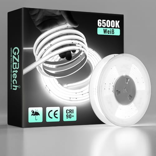 GZBtech 230V COB LED Streifen 15m 6500K Weiß, CRI90+ selbstklebend Flexible silikon Lichtband, 1000lm/m Aussenbereich strip light für TV Hintergrundbeleuchtung schrank beleuchtung Schlafzimmer