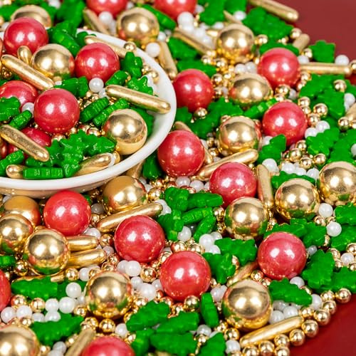 Edible Christmas Sprinkles for Cake Decorating,Gold Red Green White Pearl | 130g,Pearls Rods Trees Sprinkle,Cupcake Toppers,Baking Decorations for Cookies Birthday,Thanksgiving Holiday Party Supplies