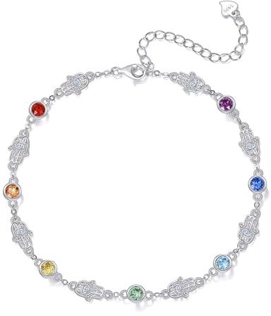 AOBOCO Fußkettchen Sterling Silber 925 Damen Perlen Fusskettchen mit Bunten Kristalle 28 cm (Hamsa Hand)