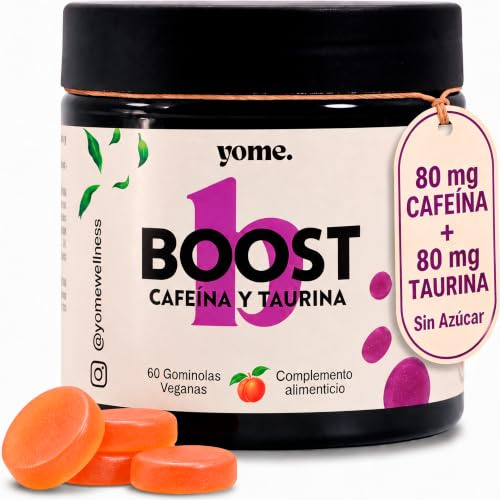 Gominolas Energéticas de Cafeína 80 mg y Taurina 80 mg Energía Diaria, Foco | 60 Gummies Veganas, sin Azúcar ni Gluten, Suplemento, Mejora la Concentración y Memoria, Reduce la Fatiga, Sabor Melocotón