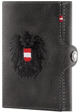 Hoamatkult Slim Wallet Echtleder – Vintage Geldtasche mit Adler Prägung, RFID-Schutz, Spiegel, Münzfach & Wunschgravur – Kompakt & personalisierbar, Damen & Herren - Schwarz