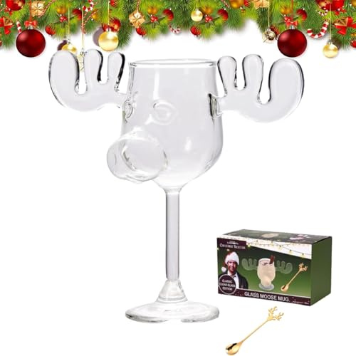 USMEI Christmas Eggnog Moose Mug, Thick Cute Coffee Drink Mug, Xmas Vacation Movie Moose Glass, 240ml Clear Coffee Mugs Gifts for Family Friends Birthday Holiday (Tall Glass)