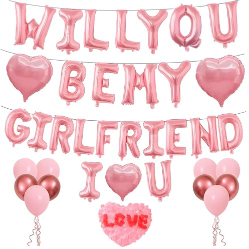 Will You Be My Girlfriend Balloons, Proposal Decorations Set with Letters, 3 Heart Balloons, I Love You Balloon, Ribbon and Straw for Romantic Gestures, Valentine's Day, Anniversary