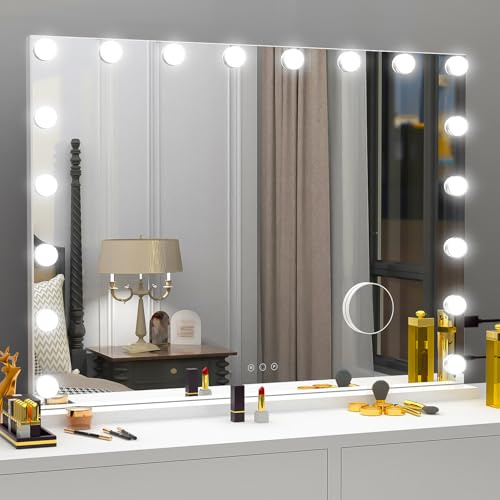 Oyajia Dressing Table Mirror with Lights, Bluetooth Music Mirror, 80 x 60cm Light Up Make Up Vanity Mirror with Smart Touch 3 Colors Dimmable, Dressing Table,USB Charging Port, White