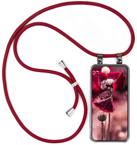 moex Handykette für Xiaomi 15T Pro Hülle mit Band abnehmbar, Handyhülle mit Kette zum Umhängen, Handyband 155 cm lang Stoff Kordel Umhängehülle, Handy Umhängeband, Weinrot