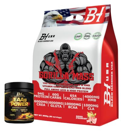 Gorilla Mass Gainer 4KG / 8KG – High Calorie Weight Gainer Protein Powder for Muscle Mass & Strength – Protein Carb Shake – Muscle Builder + FREE EAAs – Black Hammer USA (8000g, Banane Erdbeere)