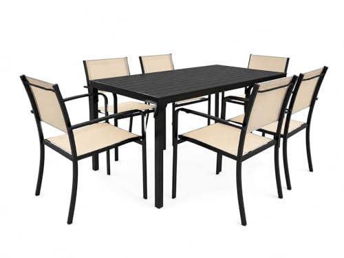 Set da Pranzo Giardino Oregon con Tavolo 156x78 cm Effetto Legno e 6 Sedie Granada Impilabili Beige, Struttura in Metallo, Arredo Esterno/Interno Moderno per Patio, Terrazzo, Veranda e Piscina