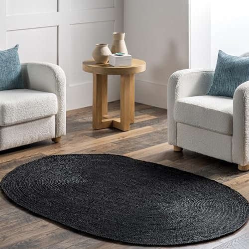 nuLOOM Rigo Jute-Teppich, oval, handgewebt, einfarbig, Bauernhaus-Design, Naturfaser, für Schlafzimmer, Wohnzimmer, Esszimmer, Flur, Büro, Küche, Eingangsbereich, 10,2 x 15,2 cm, Schwarz