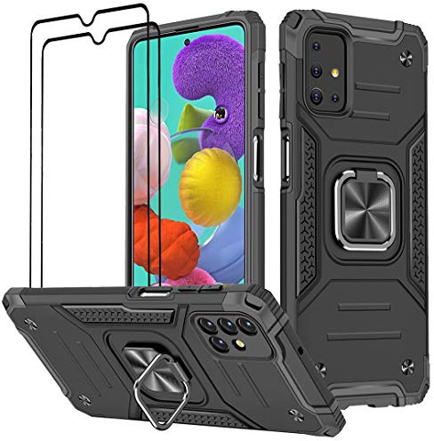 KANSi Coque Compatible pour Samsung Galaxy A51, Verre Trempé [2 Pièces] Housse TPU Silicone Rotation 360° Aimant Anneau Support Double Défense Protection Etui pour Samsung A51 - Noir