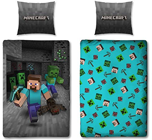 Minecraft Bettwäsche Set für Jungen · Kinderbettwäsche 135x200 80x80 cm aus 100% Baumwolle mit Reißverschluss · Motiv Dunkelblau mit Wendeseite