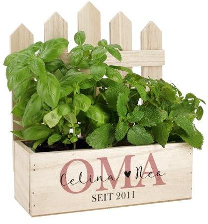 Herz & Heim® Geburtstags-Geschenk Pflanzkiste mit Personalisierung als Geschenkverpackung Beste Oma, 23 cm x 27 cm x 10,5 cm (B/H/T)