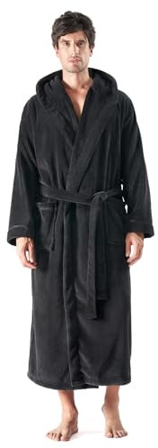 DAVID ARCHY Robe de Chambre Homme Polaire Corail Peignoir Long à Capuche Vêtements de Nuit Chaude Doucement Confortables Peignoirs de Bain Noir XL