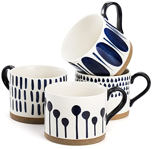 SOUJOY Set of 4 Porcelain Coffee Mugs, 15 Oz Hand Painted Coffee Cups with Handles, Glazed Stoneware Mugs for Tea, Hot or Cold Drinks, Best Gifts for Birthday, Thanksgiving, Christmas,White