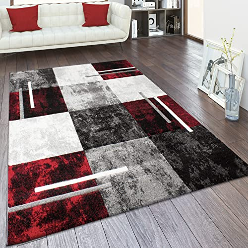 Paco Home Teppich Wohnzimmer Kurzflor Schlafzimmer Moderne Vintage Optik Geometrisches Muster Kariert 3D Effekt Konturenschnitt, Grösse:240x330 cm, Farbe:Grau-Rot