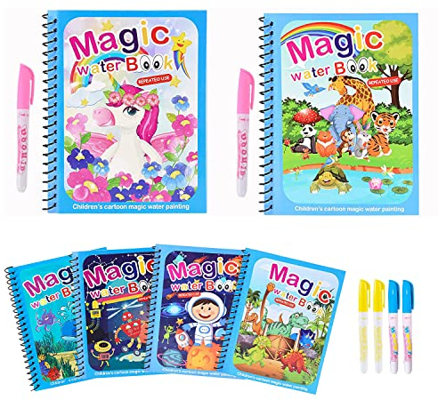 RoserRose Wassermalbuch - 6 Stücke Water Wow Malbuch - Wiederverwendbares Doodle Buch Magie Wasser Zeichenbuch und Stifte Set, für Kleinkinder Jungen und Mädchen 3 Jahren Plus