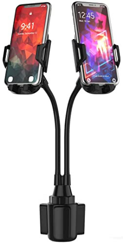 CAVIANA Doppelte Handyhalterung für Auto-Becherhalter - Extra Langer und Flexibler Hals, 360° drehbare Halterung für KFZ-Handyhalterung, verstellbare Handy-Becherhalter, Universalgröße passend für 2