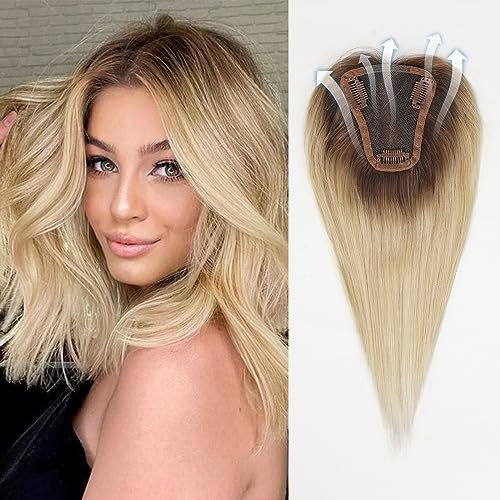 HAIRCUBE Haartopper Echthaar für Frauen, 100% 3,5in*4in handgebundene Haartopper mit Swiss Lace Basis 12 Zoll (ombre hellblond)