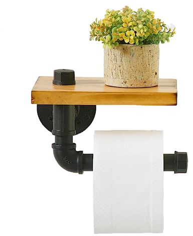 Flagest Porte Papier Toilette Industriel Avec Étagère en Bois Et Tuyau en Fonte -Support Mural Rustique Pour Papier Hygiénique en Tuyau de Fer -Porte Rouleau de Papier Rétro Vintage Pour Salle de Bain