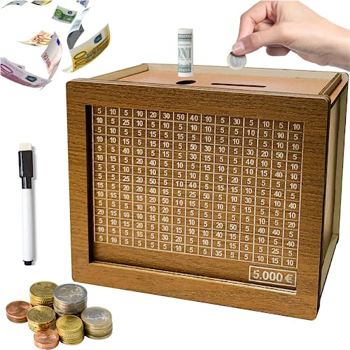 Spardose Holz, Spardose mit Zielzahlen, Spardose mit Sparziel 5000€, Sparbox Sparbüchse mit Zähler Geschenke für Kinder und Erwachsene 20x14.5x7.6cm (mit Löschbarem Stift)