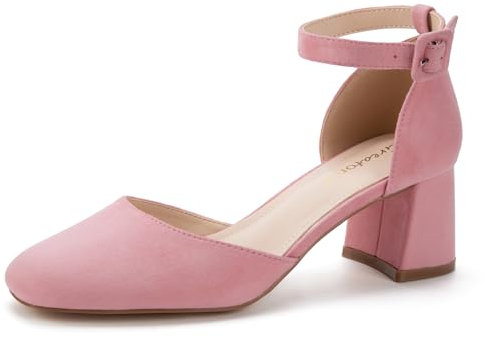 Greatonu Chaussures à Talons Femmes Élégant Sandales Femmes à Talons Bout Fermé Sangle de Cheville Chaussures de Mariée Décolté Talon Moyen Large, Rose foncé, 36 EU