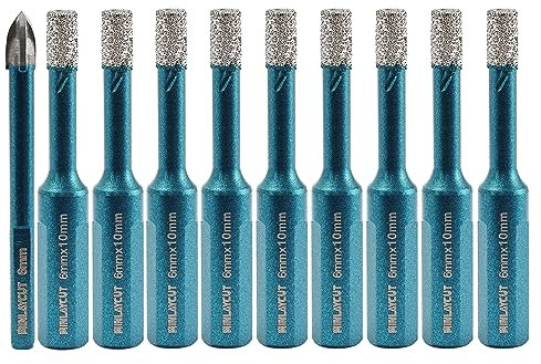 Dry Diamond Drill Bits Set - MINLAYCUT 9pcs 6mm Diamond Hole Saw & 1pc 6mm Carbide Drill with Triangle Shank for Ceramic Porcelain Tile Marble Granite Quartz