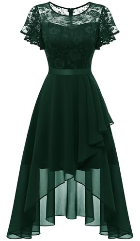 Wedtrend Robe de soirée élégante pour femme - Robe de cocktail - Robe de bal - Robe de bal avec dentelle - Ligne A - Robe courte festive - Robe Vokuhila, vert foncé, M