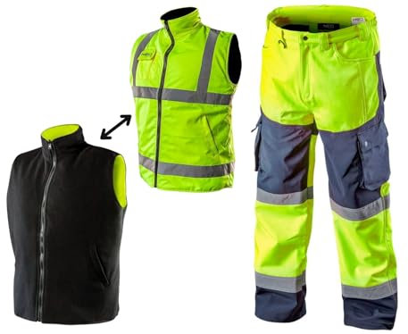NEO TOOLS Herren Wasserdichte Arbeit Warnschutzhose + 2in1 Profi Warnweste | Softshell Hose aus mit Fleece-Innenfutter, Fleeceweste, Sicherheitsweste Arbeitsweste, Funktionsweste, Gr. S-3XL