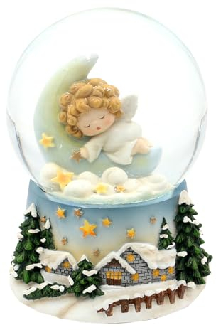 Schneekugel, Engel schlafend auf Mond, mit Spielwerk, Melodie: Stille Nacht, auf aufwendig dekoriertem Sockel, L/B/H/Ø Kugel 10 x 11 x 15 cm Ø 10 cm.