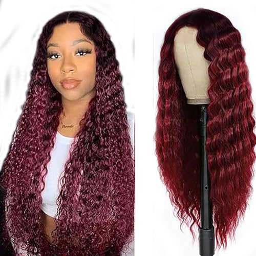 Hxxcoup Deep Wave Wig Human Hair Wig Burgundy 4x1 Lace Front Wig Echthaar Perücke Rote Perücke Damen 24 Inch 1B99J Black Root with Red Hair Rote Lace Front Perücke for Woman 24 Zoll