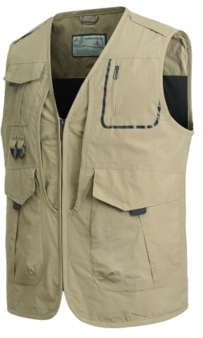 MeiLayM Herren Sommer Outdoor Weste Angeln Weste mit vielen praktischen Taschen Fotografie Jagd Wandern Weste Leicht Atmungsaktiv Ärmellos Jacke Khaki,M