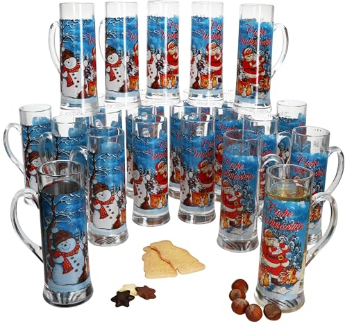 MamboCat Frohe Weihnachten 24er Set Glühweingläser mit Henkel I 200ml, geeicht, H17,5cm I Teeglas mit Weihnachtsdekor & Schneemann Luis I Weihnachtsbecher für Eierlikör & Co I Nikolaus & zum Advent