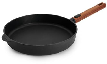 Woll Eco Logic QXR - Sartén plana de hierro fundido (inductiva, diámetro de 28 cm, 5 cm de alto, con mango de madera sostenible extraíble, apta para todo tipo de cocinas, sin PFAS, revestimiento
