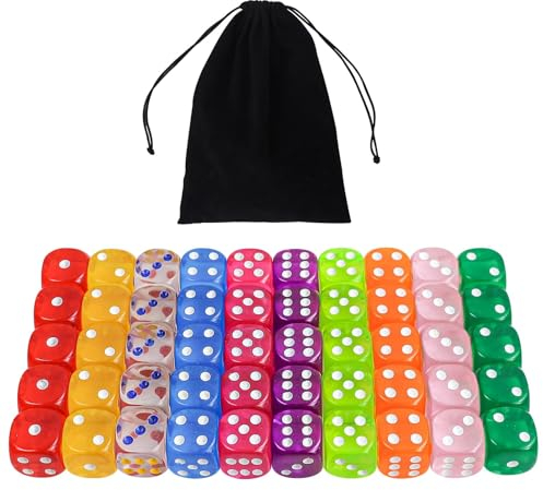 18MM Spielwürfel Set 50 Stück Würfel Transparent Set, 6 Seitige Würfel,Farben Acrylwürfel,10 Farben Würfel Set für Brettspiele, Würfelspiele, Teaching Math