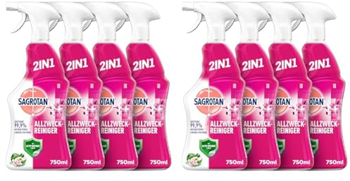 Sagrotan Allzweck-Reiniger Blütenfrische & Grüner Apfel – 2in1 Desinfektionsreiniger für die zuverlässige Reinigung von Oberflächen – 4 x 750 ml Sprühflasche (Packung mit 2)