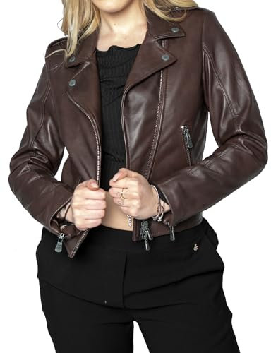 BARONE giubbotto pelle donna, giubbotto primaverile donna in vera pelle, giacca di pelle donna Made in Italy giacca moto donna CHIODO BIS (IT, Testo, XS, Regular, Regular, marrone)