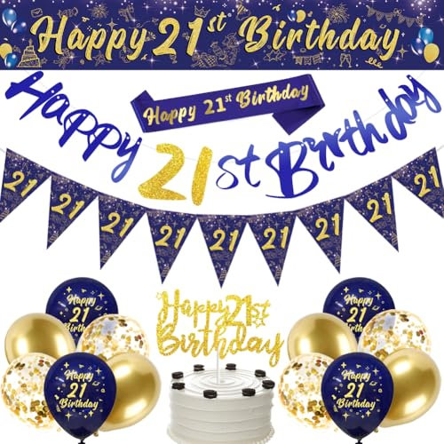 Navy Blue Gold 21st Birthday Party Decorations - Happy Birthday Banner, Triangle Flag Banner and Confetti Latex Balloons