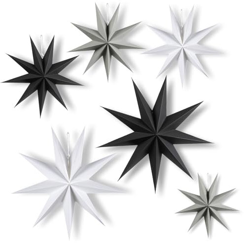 HOVIBU 6 Stück Papiersterne Weihnachten, Weihnachts Faltstern 30cm x 3 + 45cm x 2+25cm x 1, 9 Zacken Papiersterne zum Aufhängen für Weihnachtsdeko, Tischdeko, Hochzeit, Zimmer (Schwarz, Weiß, Grau)