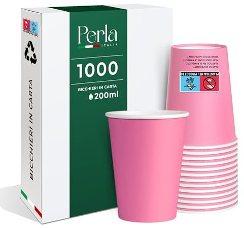 Perla, 1000 Bicchieri di Carta da 200 ml, Bicchiere Monouso Biodegradabile Ecologico, Adatto per Bevande Fredde e Calde, Bicchieri per Acqua usa e getta (Rosa)