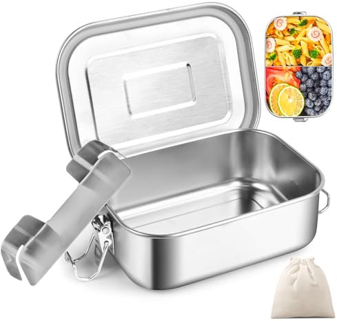 WuGU Brotdose Edelstahl, 750ml Lunchbox Auslaufsicher,Brotzeitdose mit Bewegliche Trennwänd und Dichtring, BPA-frei Bento Box, Jausenbox, Brotdose Metall Umweltfreundlich für Erwachsene und Kinder