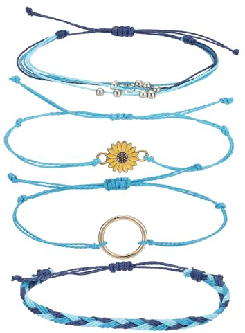 PATIKIL Braccialetti a Corda Girasole, 4Pz Braccialetti Fatti a Mano Regolabili Corda Intrecciata Impermeabile per Regalo Amici Coppie, Blu Chiaro/Blu Scuro