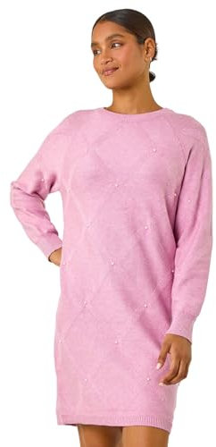 Roman Originals Knitted Jumper Dress for Women UK Ladies Stretchy Knit Knitwear Autumn Winter Casual Smart Pull On Work Long Sleeves Slouch Above Knee Short Length - Pink Pearl - Size 16
