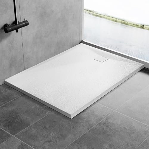 AQUARA 1200 x 900mm Shower Tray, Slate Effect SMC Slip-Resistance Shower Base with Waste & Resin Cover. Stylish and Durable White Trays for Shower Cubicle