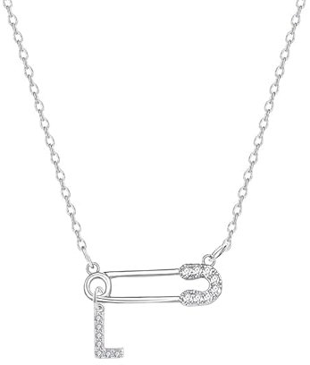 Angelra Danity Safety Pin With Initial Charm Necklace Silver Plated Choker for Women Girls, Paper Clip Pendant Necklaces Adjustbale Chain Fashion Jewellery Gifts (L)
