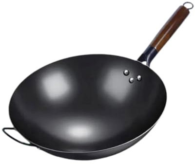F Fityle Wok en Fer Forgé avec Manche en Bois Ustensiles de Cuisine Traditionnels, avec L'oreille, 36cm