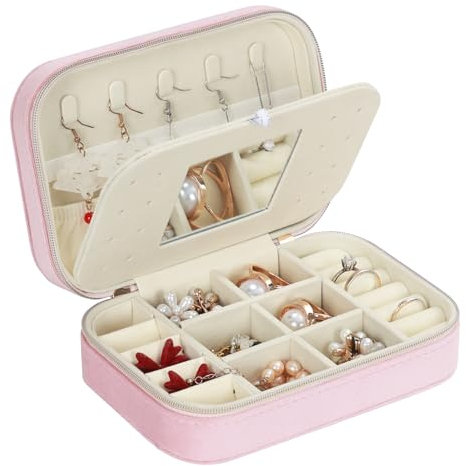 Schmuckkästchen Reise, Flanell Schmuckaufbewahrung, Schmuckkasten Klein mit Spiegel, Jewelry Box für Damen Mädchen, Schmuckbox für Ringe, Ohrstecker, Armbänder, Halsketten, Rosa
