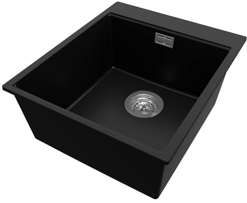 PRIMAGRAN Lavello da Cucina Nero 43x50cm, Lavandino da Cucina a 1 vasca + Sifone Classico, Lavabo da Cucina Incasso al mobile 45cm - Oslo