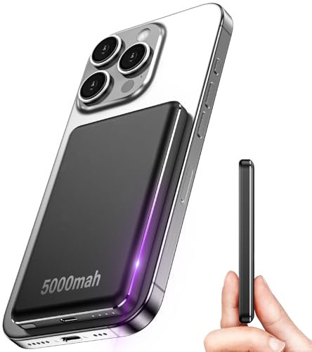 RWSRW Power Bank, 5000mAh Ultra Delgado Ligero Bateria Externa,22.5W PD Magnético Bateria Externa Carga Rapida,para iPhone 12 13 14 15 16 Pro Pro MAX Mini mag-Safe Case(Negro)